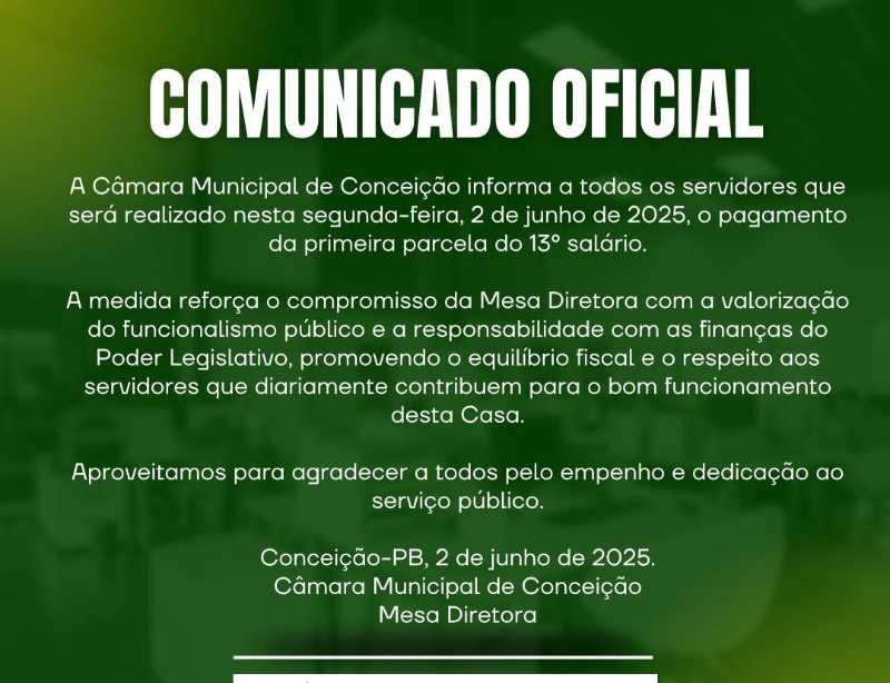 Cmara de Conceio realiza pagamento da primeira parcela do 13 salrio dos seus servidores